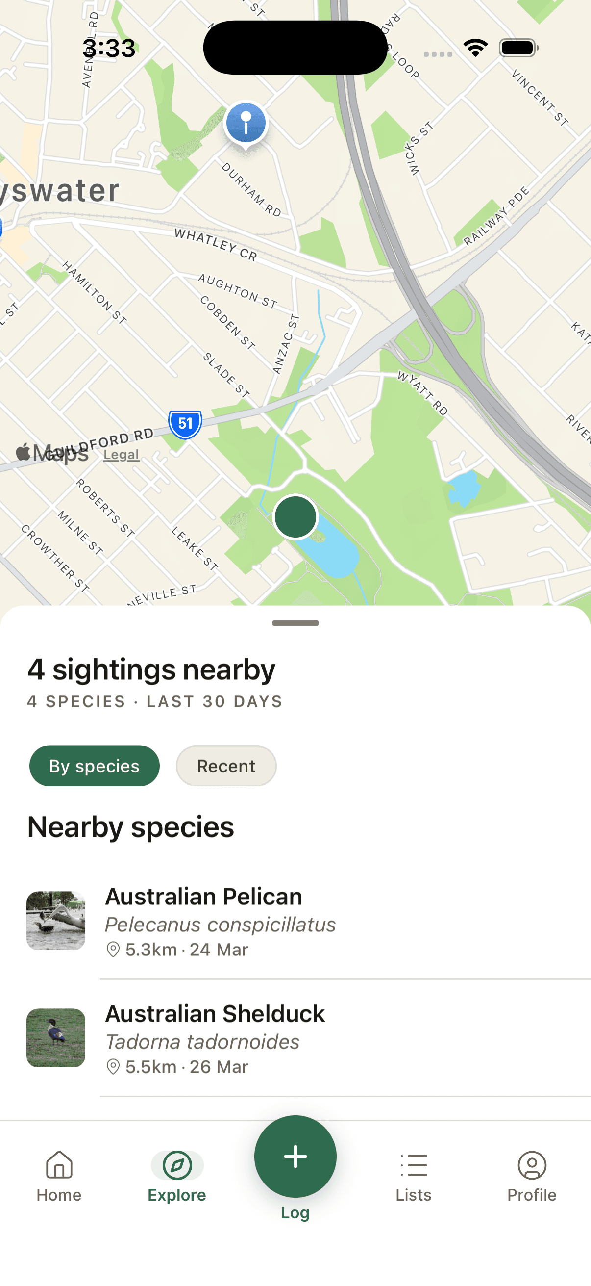 Explore map showing bird sighting pins and a nearby sightings list